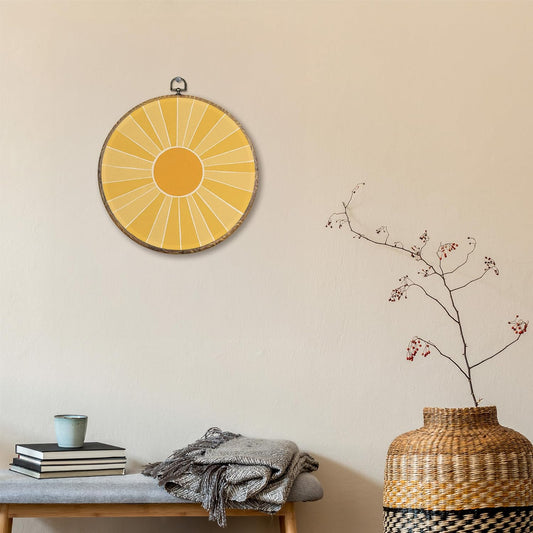 Boho Abstract Sunshine Round Wall Art Decor, Mid Century Sunshine Canvas Artwork Framed, Boho Yellow Sun Wall Hanging Prints Decorations for Home Bedroom Living Room Decor, 10x10 Inches