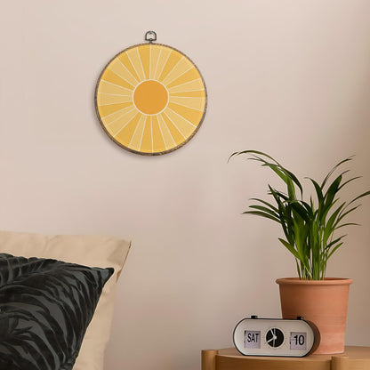 Boho Abstract Sunshine Round Wall Art Decor, Mid Century Sunshine Canvas Artwork Framed, Boho Yellow Sun Wall Hanging Prints Decorations for Home Bedroom Living Room Decor, 10x10 Inches