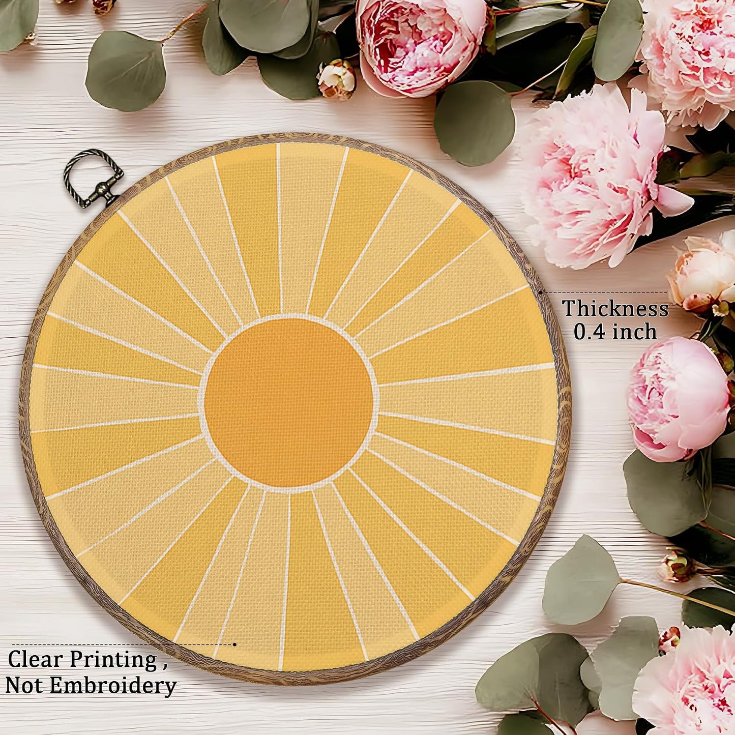 Boho Abstract Sunshine Round Wall Art Decor, Mid Century Sunshine Canvas Artwork Framed, Boho Yellow Sun Wall Hanging Prints Decorations for Home Bedroom Living Room Decor, 10x10 Inches
