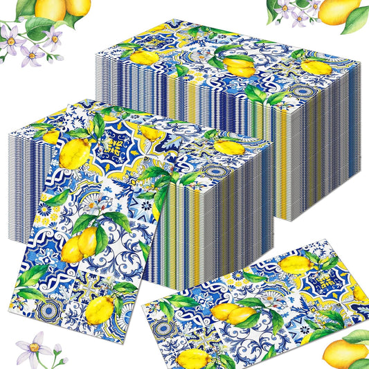 40PCS Lemon Paper Napkins Multicolor Tiles Lemons Paper Guest Napkins 4.3" x 7.9" Capri Lemon Guest Napkin Blue Yellow Disposable Napkin Dinner Hand Napkin Towel for Lemons Party Decorations