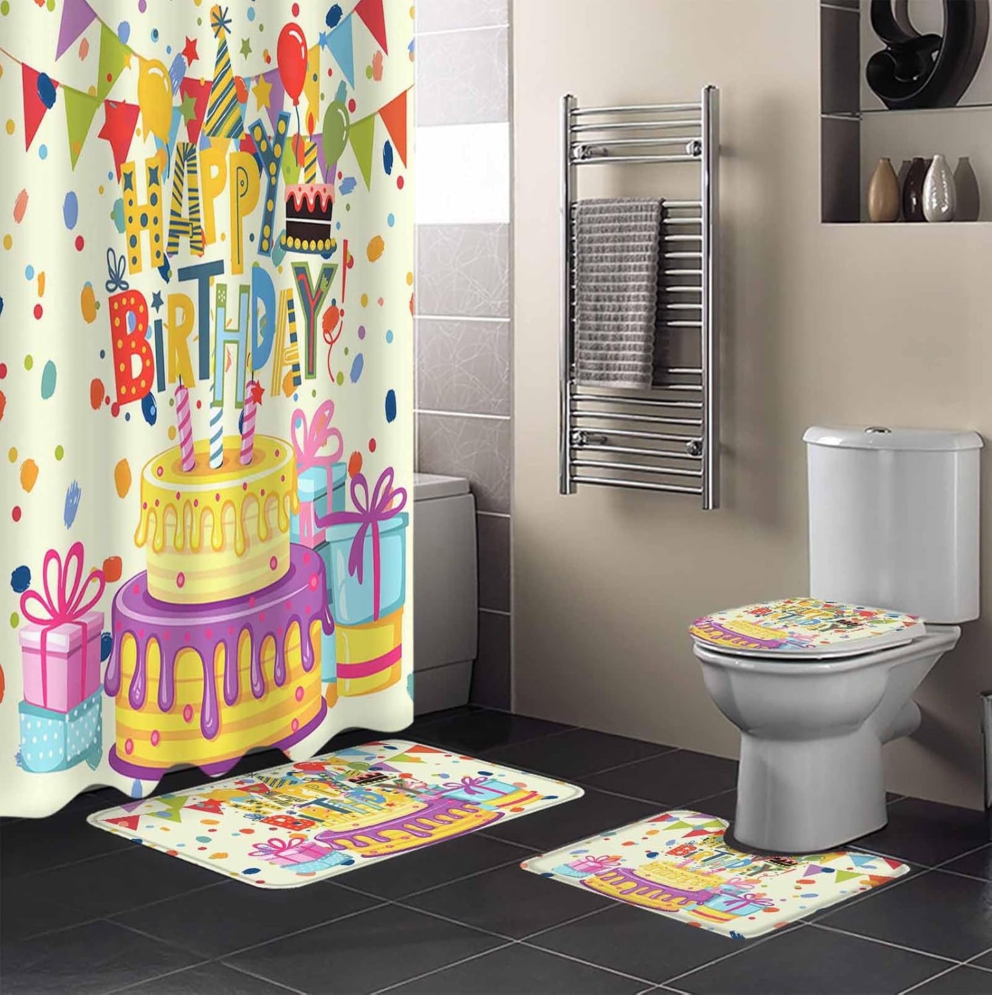Happy Birthday 4PCS Shower Curtains Set with Toilet Lid Cover Non-Slip Rugs, Birthday Cake Waterproof Shower Curtain Set for Bathroom with 12 Hooks 66x72 in