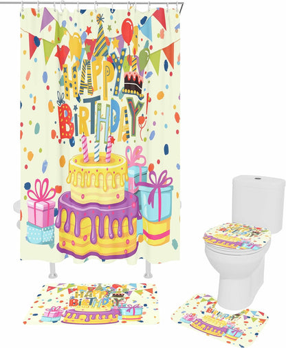 Happy Birthday 4PCS Shower Curtains Set with Toilet Lid Cover Non-Slip Rugs, Birthday Cake Waterproof Shower Curtain Set for Bathroom with 12 Hooks 66x72 in