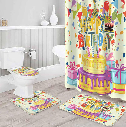 Happy Birthday 4PCS Shower Curtains Set with Toilet Lid Cover Non-Slip Rugs, Birthday Cake Waterproof Shower Curtain Set for Bathroom with 12 Hooks 66x72 in