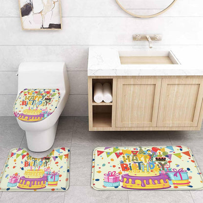 Happy Birthday 4PCS Shower Curtains Set with Toilet Lid Cover Non-Slip Rugs, Birthday Cake Waterproof Shower Curtain Set for Bathroom with 12 Hooks 66x72 in