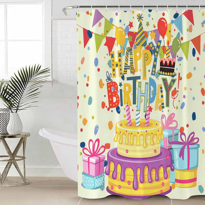 Happy Birthday 4PCS Shower Curtains Set with Toilet Lid Cover Non-Slip Rugs, Birthday Cake Waterproof Shower Curtain Set for Bathroom with 12 Hooks 66x72 in