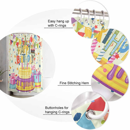 Happy Birthday 4PCS Shower Curtains Set with Toilet Lid Cover Non-Slip Rugs, Birthday Cake Waterproof Shower Curtain Set for Bathroom with 12 Hooks 66x72 in