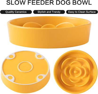 8.25'' Ceramic Slow Feeder Dog Bowls - Petal Shape Modern Dog Food Dish for Medium and Large Breeds, Puzzle Maze Bowl to Slow Down Eating, Anti-Gulping, Dishwasher & Microwave Safe, Yellow