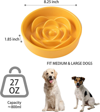 8.25'' Ceramic Slow Feeder Dog Bowls - Petal Shape Modern Dog Food Dish for Medium and Large Breeds, Puzzle Maze Bowl to Slow Down Eating, Anti-Gulping, Dishwasher & Microwave Safe, Yellow