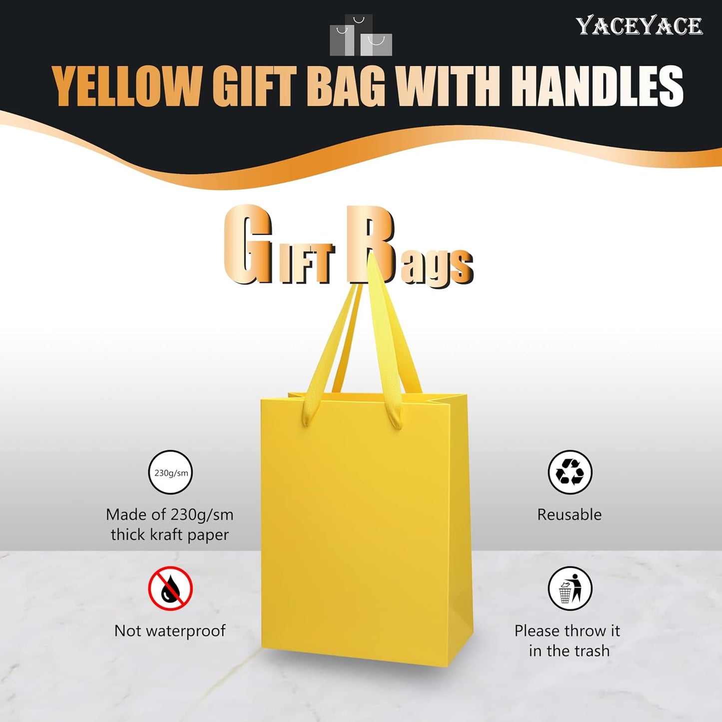 Yellow Gift Bags 20Pack 8"x10" Kraft Paper Gift Bags with Handles | Yellow Paper Bag Bulk, Boutique Bag for Birthday, Party, Retail,Shopping