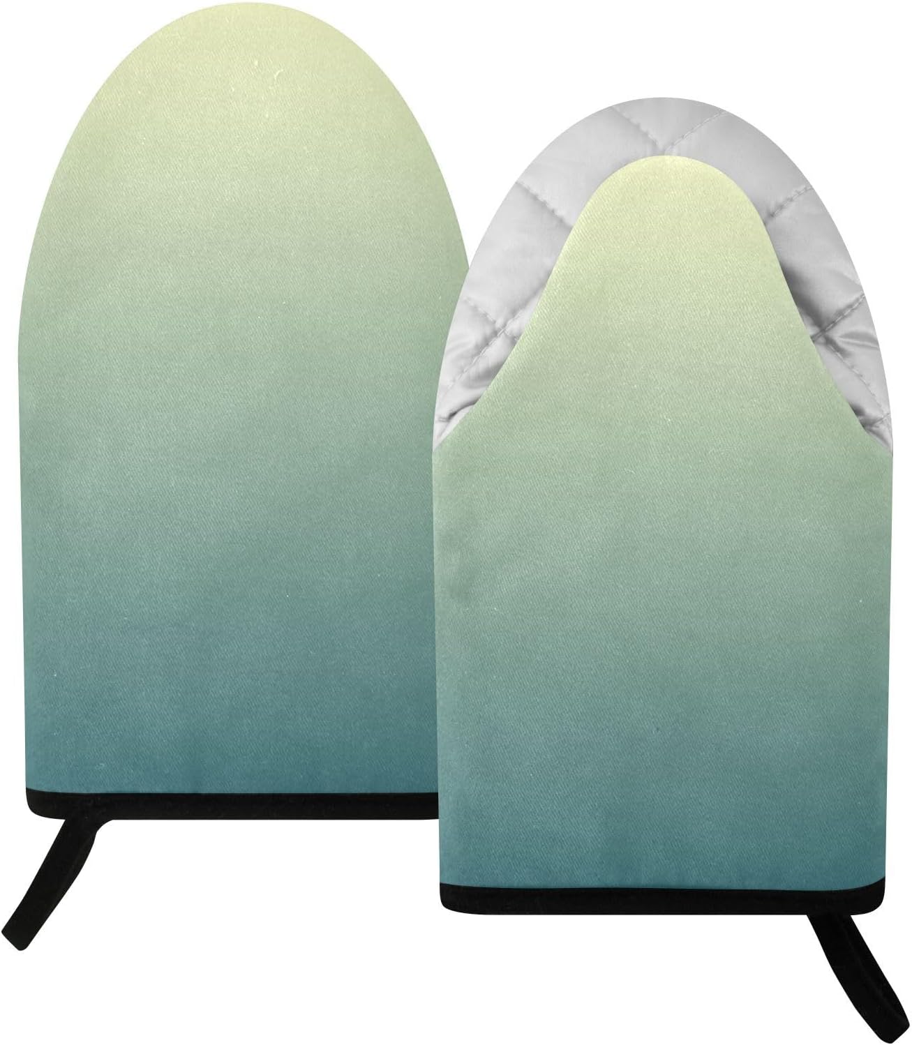 Light Yellow Dark Green Oven Mitts Short Kitchen Oven Gloves | 2-Pack Heat Resistant Short Cotton Baking Gloves with Hanging Loop, 9.5x5.7 in