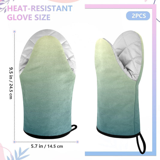 Light Yellow Dark Green Oven Mitts Short Kitchen Oven Gloves | 2-Pack Heat Resistant Short Cotton Baking Gloves with Hanging Loop, 9.5x5.7 in