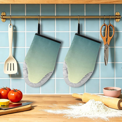 Light Yellow Dark Green Oven Mitts Short Kitchen Oven Gloves | 2-Pack Heat Resistant Short Cotton Baking Gloves with Hanging Loop, 9.5x5.7 in