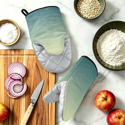 Light Yellow Dark Green Oven Mitts Short Kitchen Oven Gloves | 2-Pack Heat Resistant Short Cotton Baking Gloves with Hanging Loop, 9.5x5.7 in