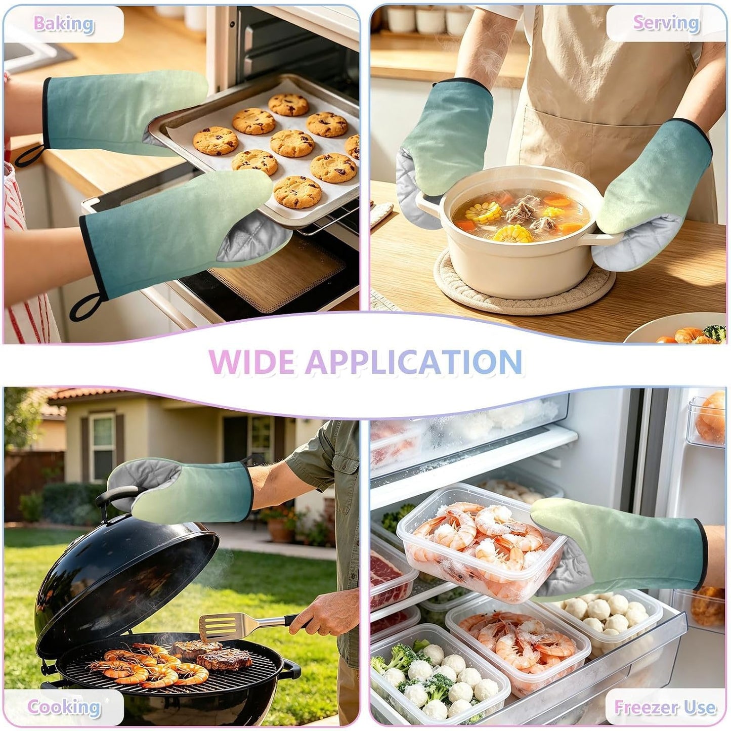 Light Yellow Dark Green Oven Mitts Short Kitchen Oven Gloves | 2-Pack Heat Resistant Short Cotton Baking Gloves with Hanging Loop, 9.5x5.7 in