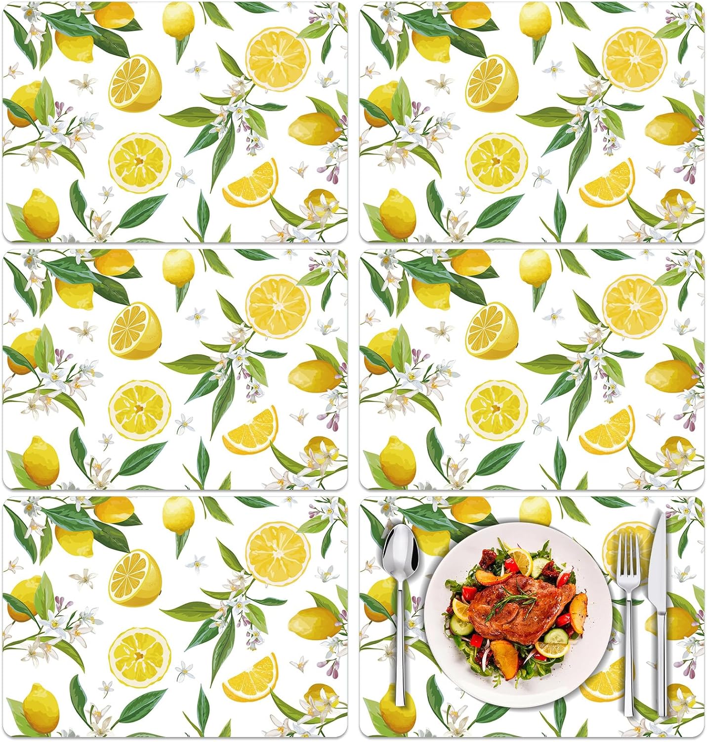 Summer Lemons Placemats Set of 6 Yellow Lemon Floral Plastic Place Mats Washable Vinyl Rustic Holiday Decorative Table Mats Suitable for Indoor and Outdoor Kitchen Dining Tables