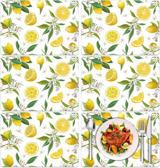 Summer Lemons Placemats Set of 6 Yellow Lemon Floral Plastic Place Mats Washable Vinyl Rustic Holiday Decorative Table Mats Suitable for Indoor and Outdoor Kitchen Dining Tables