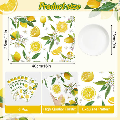 Summer Lemons Placemats Set of 6 Yellow Lemon Floral Plastic Place Mats Washable Vinyl Rustic Holiday Decorative Table Mats Suitable for Indoor and Outdoor Kitchen Dining Tables