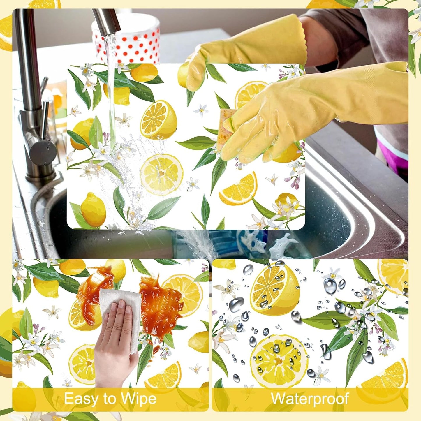 Summer Lemons Placemats Set of 6 Yellow Lemon Floral Plastic Place Mats Washable Vinyl Rustic Holiday Decorative Table Mats Suitable for Indoor and Outdoor Kitchen Dining Tables