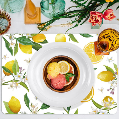 Summer Lemons Placemats Set of 6 Yellow Lemon Floral Plastic Place Mats Washable Vinyl Rustic Holiday Decorative Table Mats Suitable for Indoor and Outdoor Kitchen Dining Tables