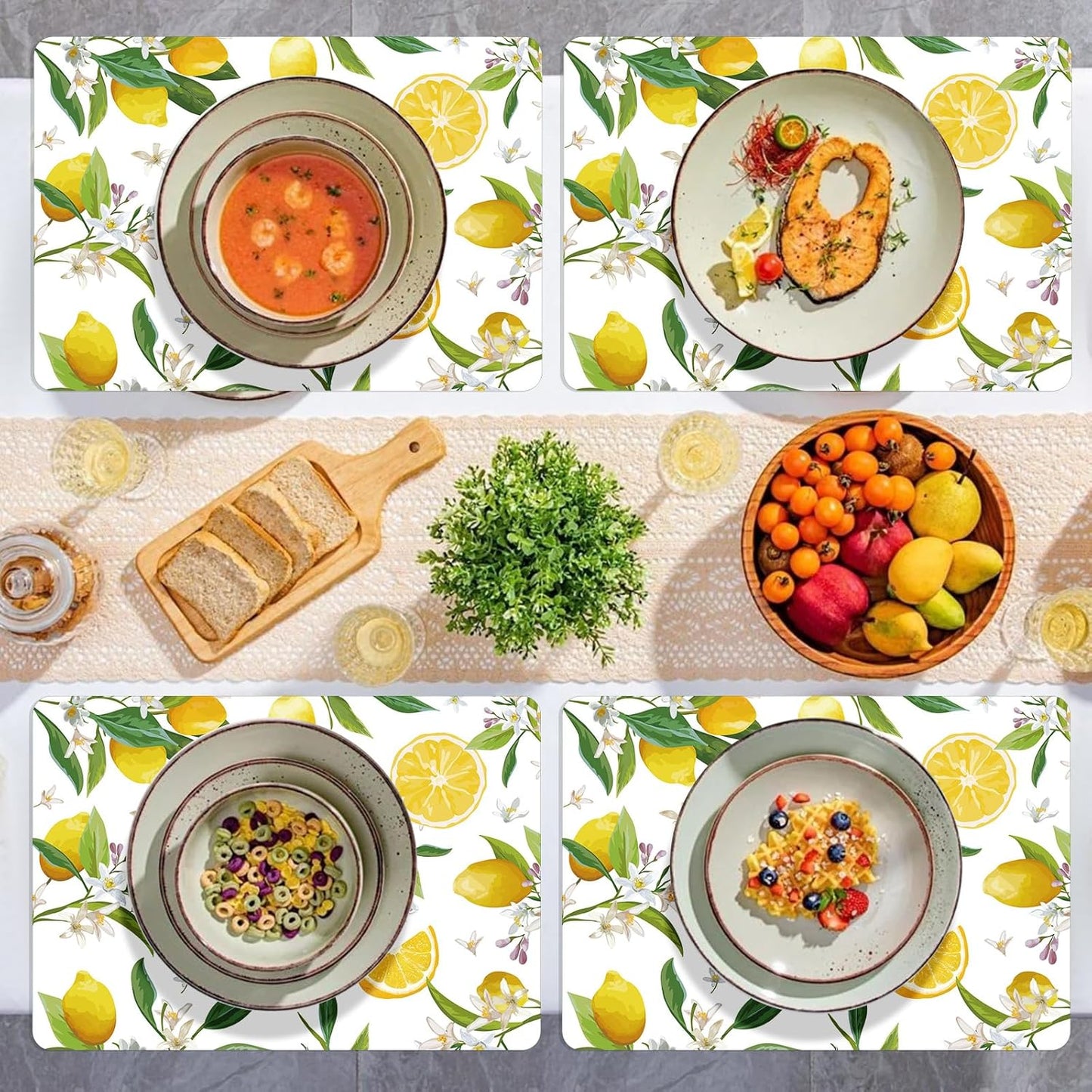 Summer Lemons Placemats Set of 6 Yellow Lemon Floral Plastic Place Mats Washable Vinyl Rustic Holiday Decorative Table Mats Suitable for Indoor and Outdoor Kitchen Dining Tables