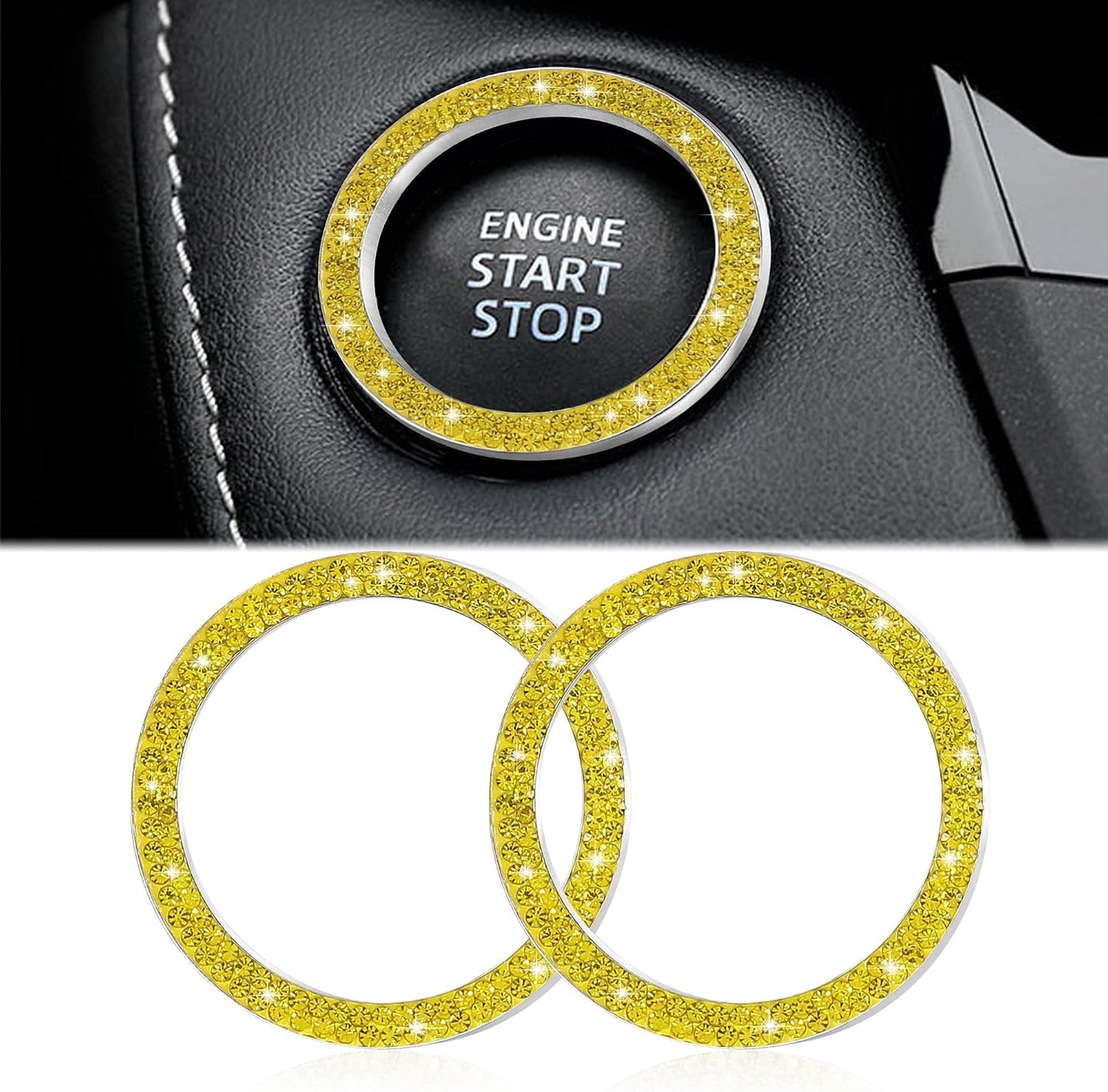 2pcs Bling Car Engine Start Button Cover Diamond Crystal Push Start Stop Button Ring Sparkly Bling Ignition Button Cover Rhinestone Keyless Ignition Ring Universal Car Accessories (Yellow)