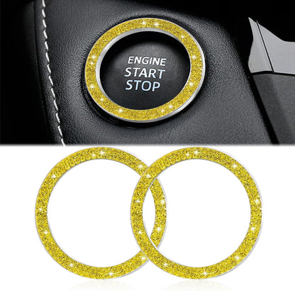 2pcs Bling Car Engine Start Button Cover Diamond Crystal Push Start Stop Button Ring Sparkly Bling Ignition Button Cover Rhinestone Keyless Ignition Ring Universal Car Accessories (Yellow)