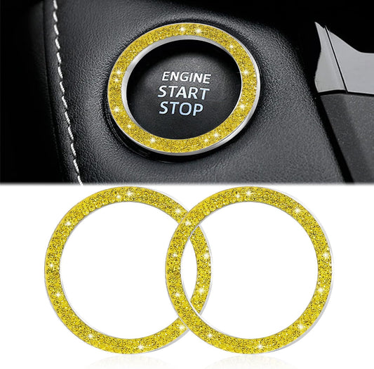 2pcs Bling Car Engine Start Button Cover Diamond Crystal Push Start Stop Button Ring Sparkly Bling Ignition Button Cover Rhinestone Keyless Ignition Ring Universal Car Accessories (Yellow)