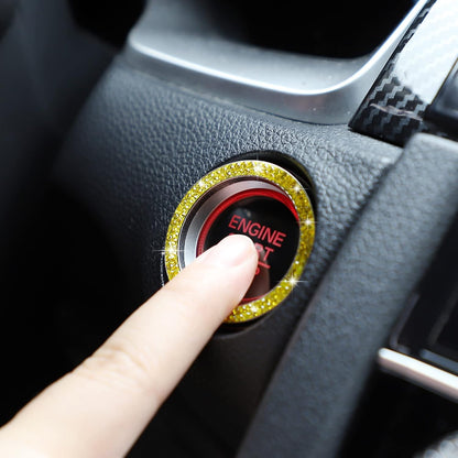 2pcs Bling Car Engine Start Button Cover Diamond Crystal Push Start Stop Button Ring Sparkly Bling Ignition Button Cover Rhinestone Keyless Ignition Ring Universal Car Accessories (Yellow)