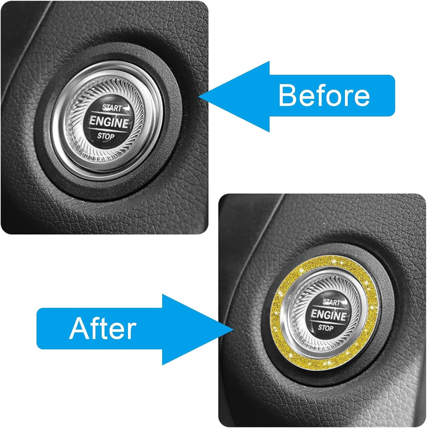 2pcs Bling Car Engine Start Button Cover Diamond Crystal Push Start Stop Button Ring Sparkly Bling Ignition Button Cover Rhinestone Keyless Ignition Ring Universal Car Accessories (Yellow)