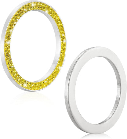 2pcs Bling Car Engine Start Button Cover Diamond Crystal Push Start Stop Button Ring Sparkly Bling Ignition Button Cover Rhinestone Keyless Ignition Ring Universal Car Accessories (Yellow)