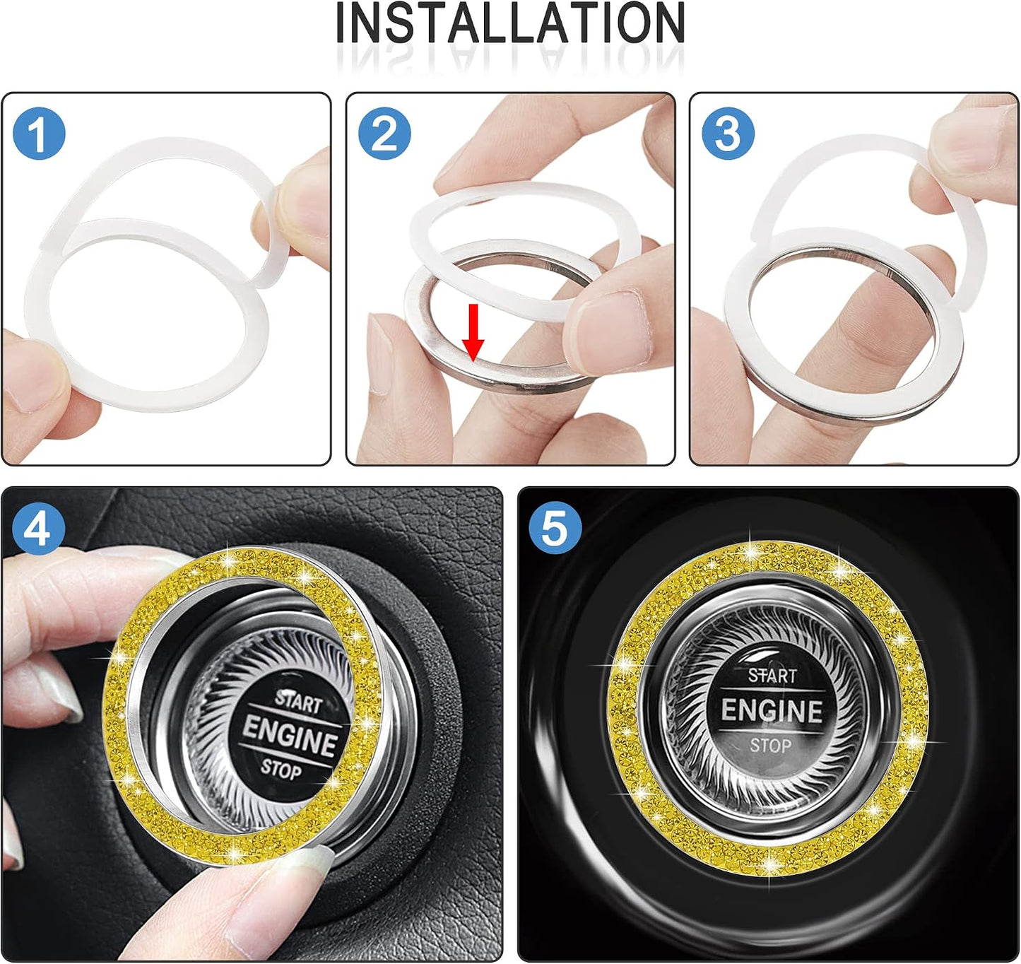 2pcs Bling Car Engine Start Button Cover Diamond Crystal Push Start Stop Button Ring Sparkly Bling Ignition Button Cover Rhinestone Keyless Ignition Ring Universal Car Accessories (Yellow)
