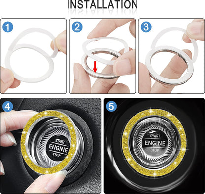 2pcs Bling Car Engine Start Button Cover Diamond Crystal Push Start Stop Button Ring Sparkly Bling Ignition Button Cover Rhinestone Keyless Ignition Ring Universal Car Accessories (Yellow)