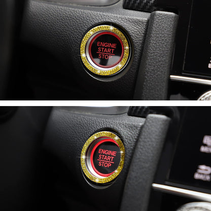 2pcs Bling Car Engine Start Button Cover Diamond Crystal Push Start Stop Button Ring Sparkly Bling Ignition Button Cover Rhinestone Keyless Ignition Ring Universal Car Accessories (Yellow)