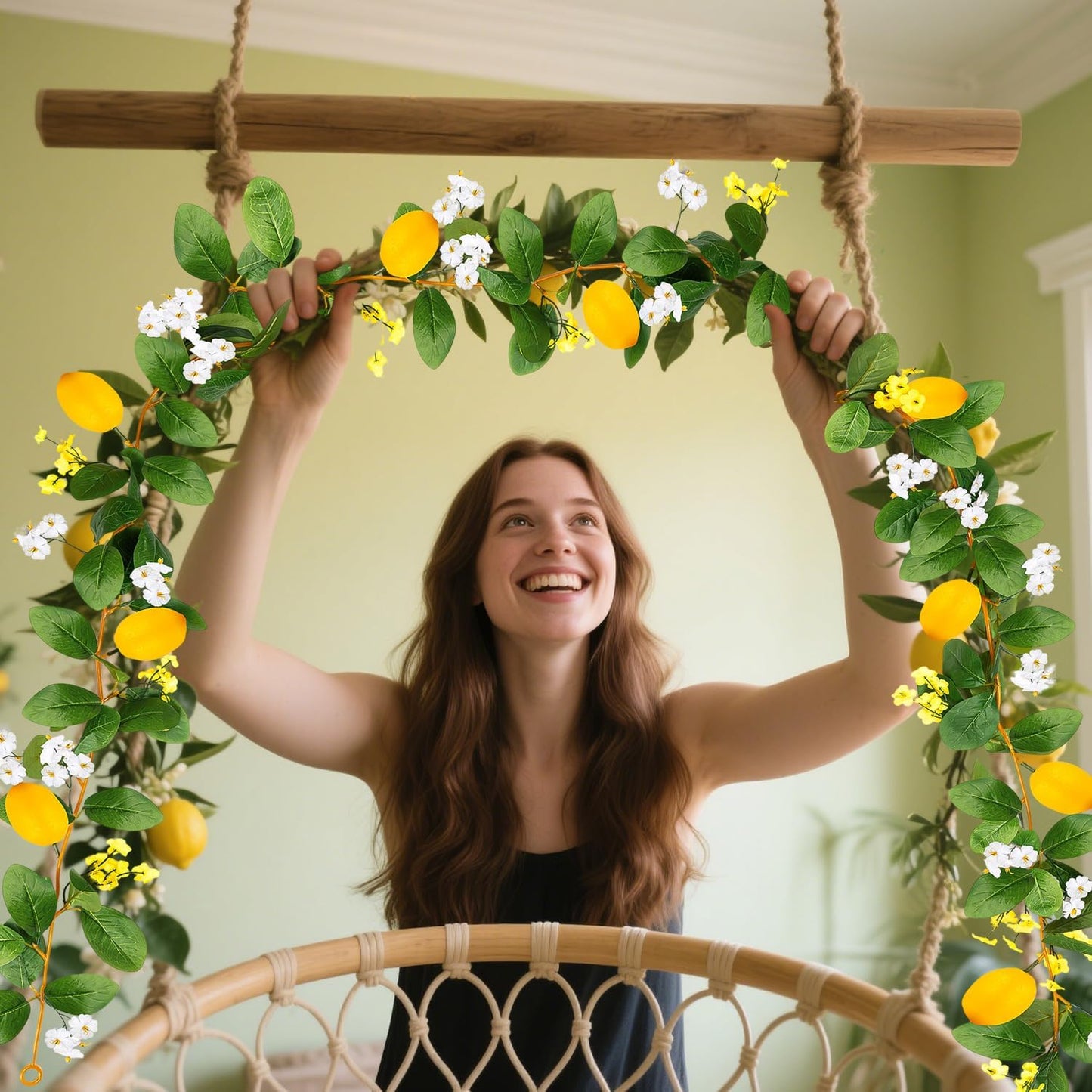 2 Pcs Artificial Lemon Flower Garland Vine, 14 Ft Fake Yellow Lemon Vines Silk Flowers Hanging Floral Garlands Decoration for Room Wall, Flower Themed Party, Wedding Supplies