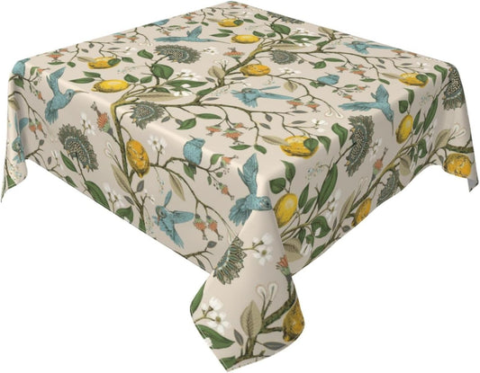 Blue Green Floral Bird Square Tablecloth 54x54 Inch Chinoiserie Yellow Lemon Flowers Table Cloth Seasonal Polyester Spring Summer Holiady Table Cover for Kitchen Party Dining Outdoor Decor