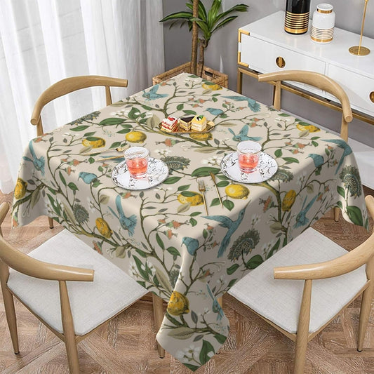 Blue Green Floral Bird Square Tablecloth 54x54 Inch Chinoiserie Yellow Lemon Flowers Table Cloth Seasonal Polyester Spring Summer Holiady Table Cover for Kitchen Party Dining Outdoor Decor