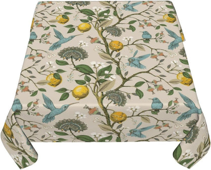 Blue Green Floral Bird Square Tablecloth 54x54 Inch Chinoiserie Yellow Lemon Flowers Table Cloth Seasonal Polyester Spring Summer Holiady Table Cover for Kitchen Party Dining Outdoor Decor