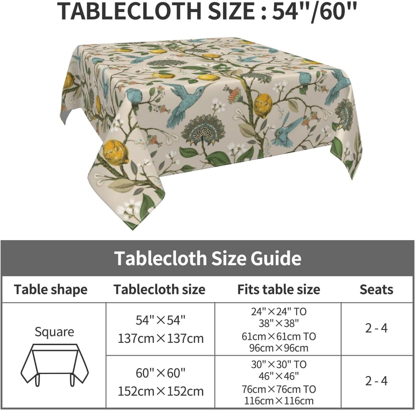 Blue Green Floral Bird Square Tablecloth 54x54 Inch Chinoiserie Yellow Lemon Flowers Table Cloth Seasonal Polyester Spring Summer Holiady Table Cover for Kitchen Party Dining Outdoor Decor
