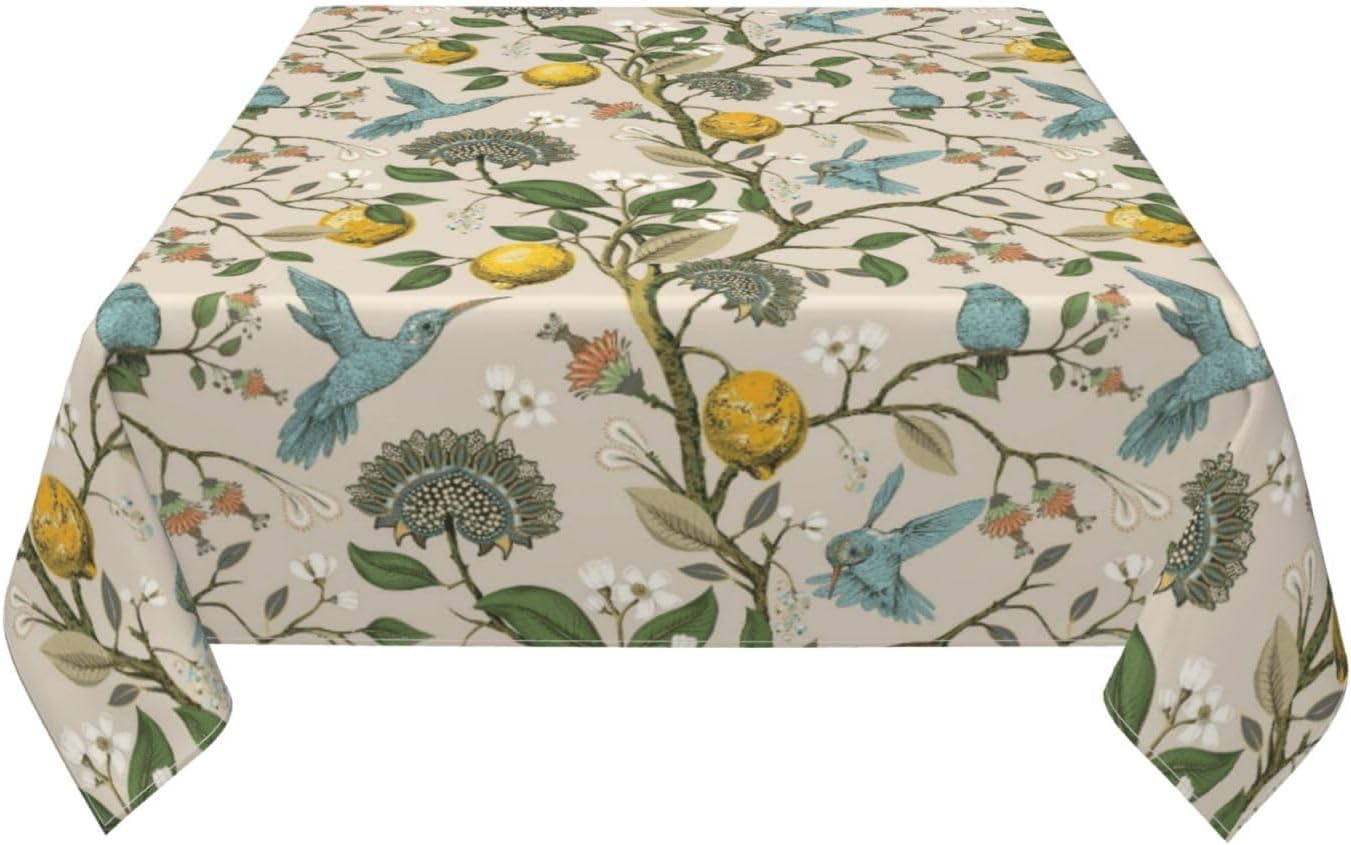 Blue Green Floral Bird Square Tablecloth 54x54 Inch Chinoiserie Yellow Lemon Flowers Table Cloth Seasonal Polyester Spring Summer Holiady Table Cover for Kitchen Party Dining Outdoor Decor