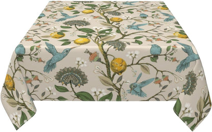 Blue Green Floral Bird Square Tablecloth 54x54 Inch Chinoiserie Yellow Lemon Flowers Table Cloth Seasonal Polyester Spring Summer Holiady Table Cover for Kitchen Party Dining Outdoor Decor