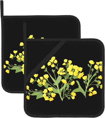 Light Yellow Rapeseed Flowers Prints Square Hot Pad Set of 2 - Waterproof Kitchen Throw for Pot & Pan, Heat Resistant Oven Mitt Layer with Hanging Loop - Great for BBQ & Serving