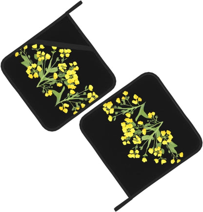Light Yellow Rapeseed Flowers Prints Square Hot Pad Set of 2 - Waterproof Kitchen Throw for Pot & Pan, Heat Resistant Oven Mitt Layer with Hanging Loop - Great for BBQ & Serving