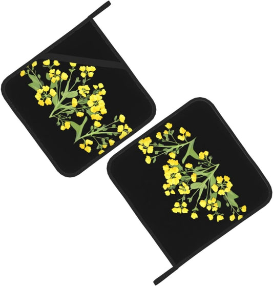Light Yellow Rapeseed Flowers Prints Square Hot Pad Set of 2 - Waterproof Kitchen Throw for Pot & Pan, Heat Resistant Oven Mitt Layer with Hanging Loop - Great for BBQ & Serving