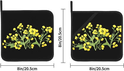 Light Yellow Rapeseed Flowers Prints Square Hot Pad Set of 2 - Waterproof Kitchen Throw for Pot & Pan, Heat Resistant Oven Mitt Layer with Hanging Loop - Great for BBQ & Serving