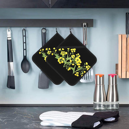 Light Yellow Rapeseed Flowers Prints Square Hot Pad Set of 2 - Waterproof Kitchen Throw for Pot & Pan, Heat Resistant Oven Mitt Layer with Hanging Loop - Great for BBQ & Serving