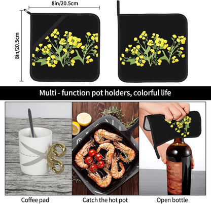 Light Yellow Rapeseed Flowers Prints Square Hot Pad Set of 2 - Waterproof Kitchen Throw for Pot & Pan, Heat Resistant Oven Mitt Layer with Hanging Loop - Great for BBQ & Serving