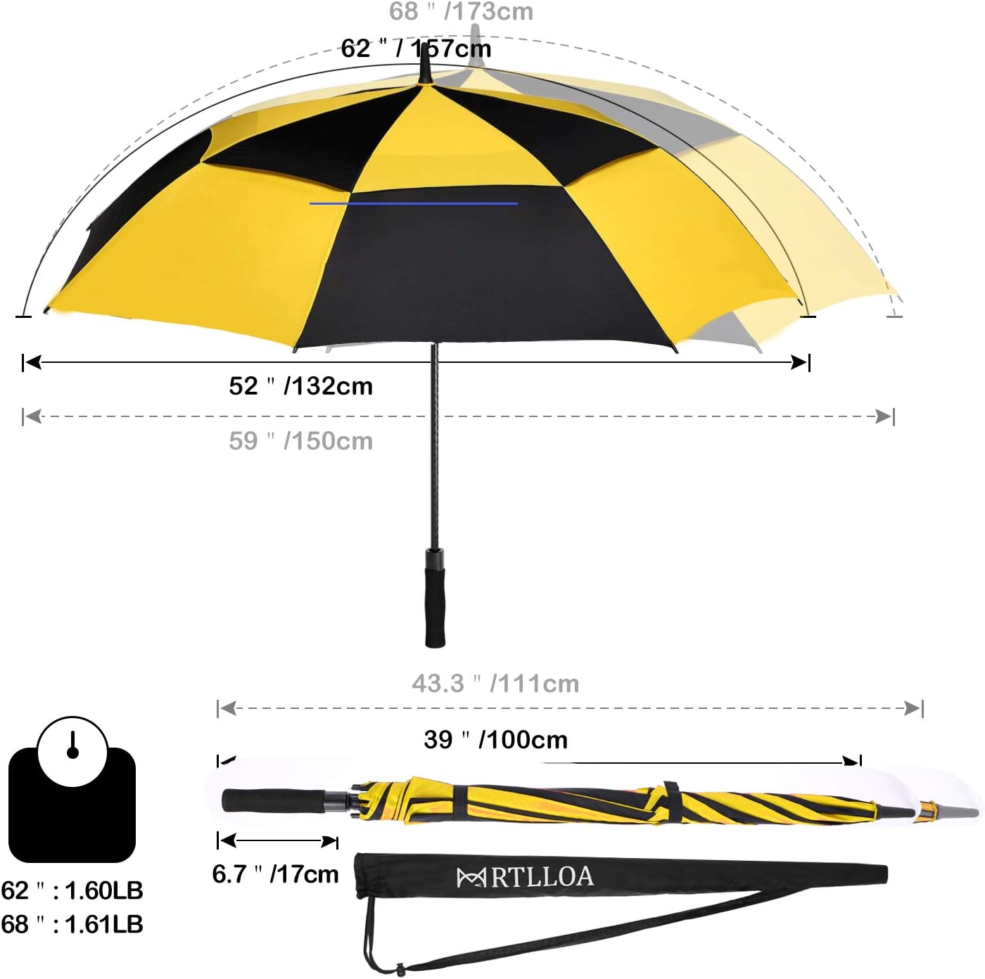 Extra Large Golf Umbrella,54/62/68/72 Inch Automatic Open Umbrella | Double Canopy Vented Windproof, 210T Pongee Fabric Waterproof , Large Umbrellas for Rain Heavy Duty, Big Umbrella, Oversized