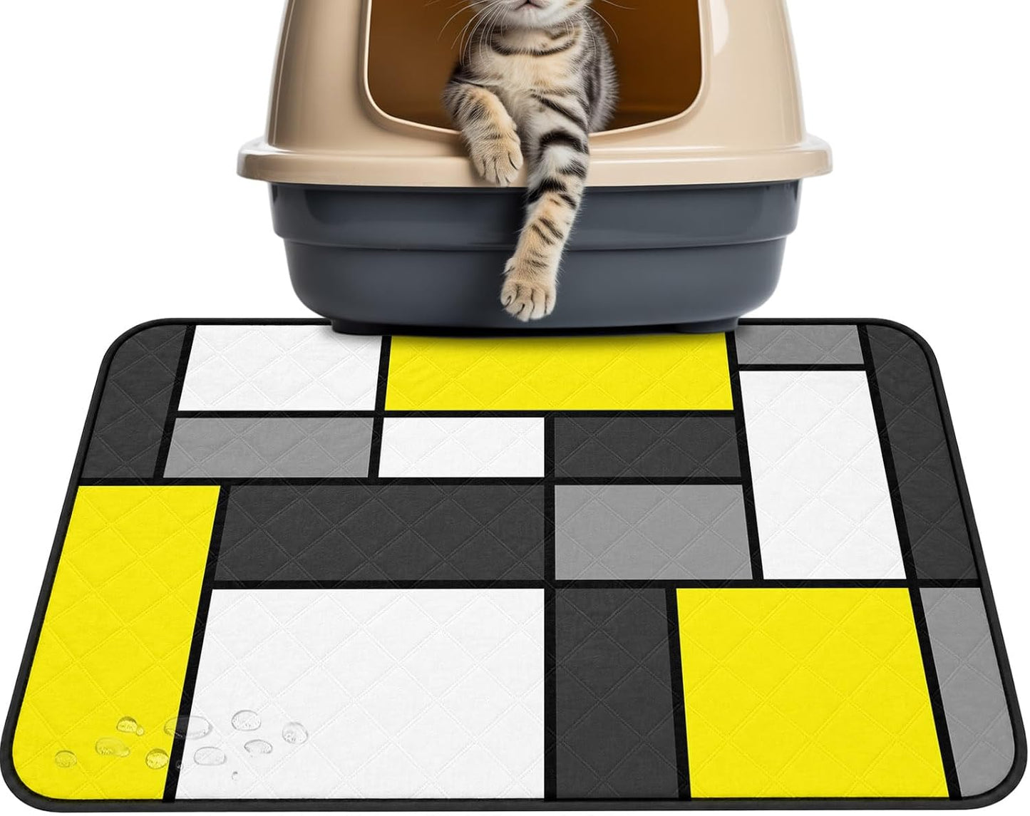 Geometric Art Cat Litter Mat 24x18, Modern Abstract White Yellow Grey Patchwork Kitty Litter Box mat for Cat Machine Washable Easy Clean Soft Non-Slip Pet Food Mats for Floor Rug