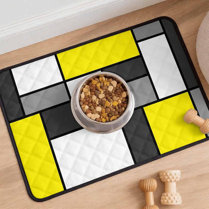 Geometric Art Cat Litter Mat 24x18, Modern Abstract White Yellow Grey Patchwork Kitty Litter Box mat for Cat Machine Washable Easy Clean Soft Non-Slip Pet Food Mats for Floor Rug