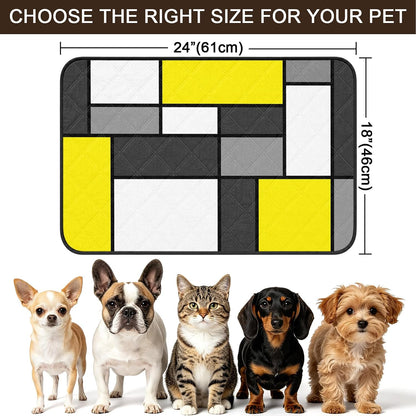Geometric Art Cat Litter Mat 24x18, Modern Abstract White Yellow Grey Patchwork Kitty Litter Box mat for Cat Machine Washable Easy Clean Soft Non-Slip Pet Food Mats for Floor Rug